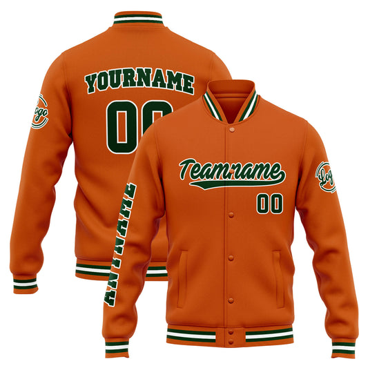 Benutzerdefinierte Varsity-Jacke. Letterman-Jacke für Männer, Frauen und Jugendliche Orange Dunkelgrün
