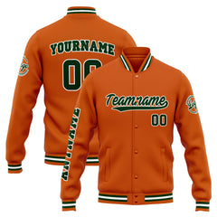 Benutzerdefinierte Varsity-Jacke. Letterman-Jacke für Männer, Frauen und Jugendliche Orange Dunkelgrün