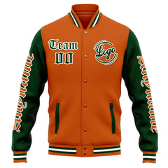 Benutzerdefinierte Varsity-Jacke. Letterman-Jacke für Männer, Frauen und Jugendliche Orange Dunkelgrün