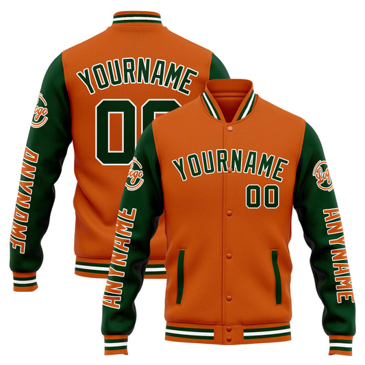 Benutzerdefinierte Varsity-Jacke. Letterman-Jacke für Männer, Frauen und Jugendliche Orange Dunkelgrün