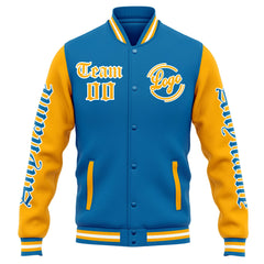 Benutzerdefinierte Varsity-Jacke. Letterman-Jacke für Männer, Frauen und Jugendliche Blau Orange