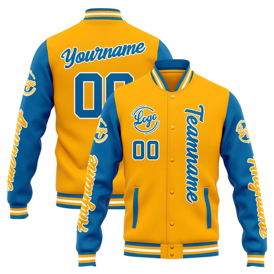 Benutzerdefinierte Varsity-Jacke. Letterman-Jacke für Männer, Frauen und Jugendliche Orange Blau