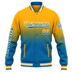 Benutzerdefinierte Varsity-Jacke. Letterman-Jacke für Männer, Frauen und Jugendliche Orange Blau Verlauf