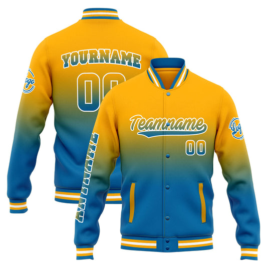 Benutzerdefinierte Varsity-Jacke. Letterman-Jacke für Männer, Frauen und Jugendliche Orange Blau Verlauf