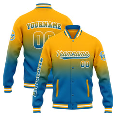 Benutzerdefinierte Varsity-Jacke. Letterman-Jacke für Männer, Frauen und Jugendliche Orange Blau Verlauf