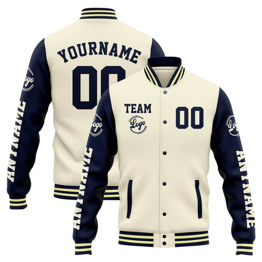 Benutzerdefinierte Varsity-Jacke. Letterman-Jacke für Männer, Frauen und Jugendliche Creme Marine