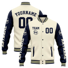 Benutzerdefinierte Varsity-Jacke. Letterman-Jacke für Männer, Frauen und Jugendliche Creme Marine