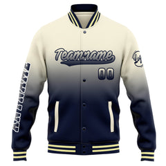 Benutzerdefinierte Varsity-Jacke. Letterman-Jacke für Männer, Frauen und Jugendliche Creme Marine Verlauf