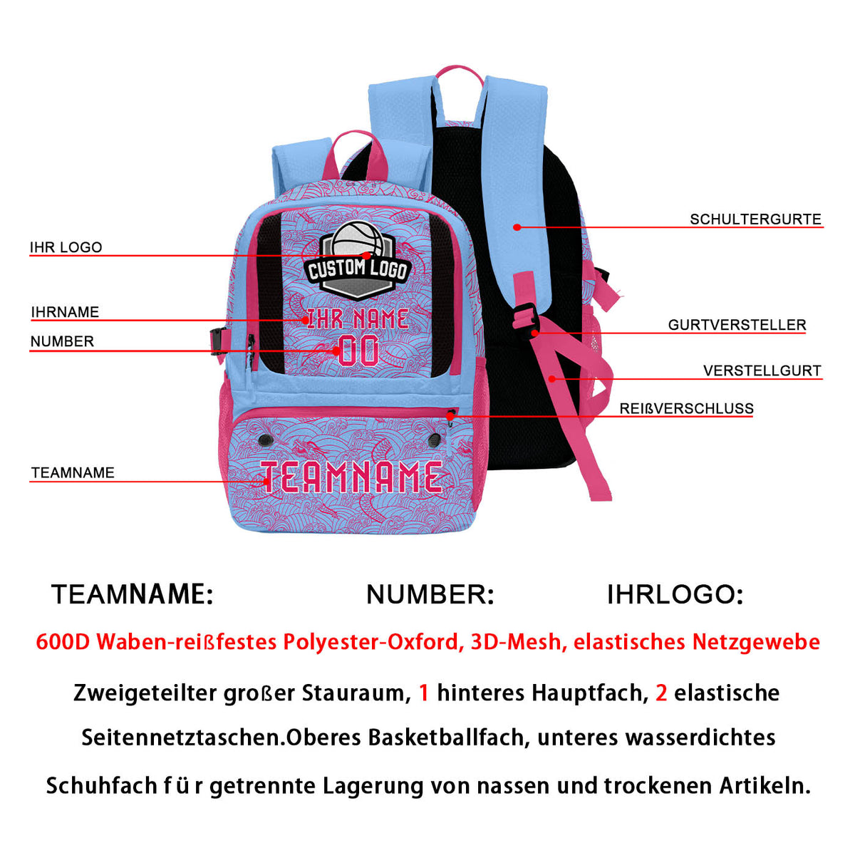 Personalisierter Basketball - und Fußballrucksack in Blau & Rosa und Rot mit Spielernamen & Nummern und Teamlogo #BP-0919-0006