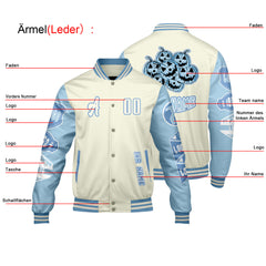 Maßgeschneiderte Weiß Löwenblau Letterman Varsity Jacket Individuelle Stickerei Druck nach Ihrem Wunsch