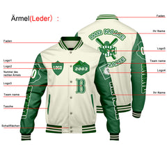 Maßgeschneiderte Weiß Grün Letterman Varsity Jacket Individuelle Stickerei Druck nach Ihrem Wunsch