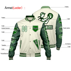 Maßgeschneiderte Weiß Militärgrün Letterman Varsity Jacket Individuelle Stickerei Druck nach Ihrem Wunsch