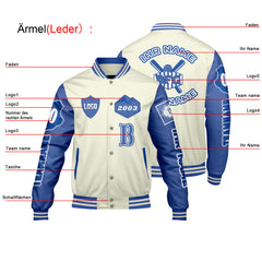 Maßgeschneiderte Weiß Königliche Letterman Varsity Jacket Individuelle Stickerei Druck nach Ihrem Wunsch
