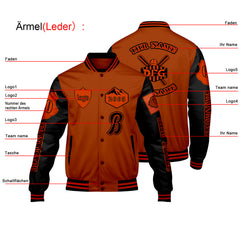 Maßgeschneiderte Orange Schwarz Letterman Varsity Jacket Individuelle Stickerei Druck nach Ihrem Wunsch