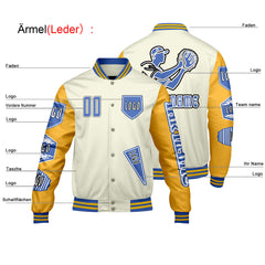 Maßgeschneiderte Weiß Gelb Letterman Varsity Jacket Individuelle Stickerei Druck nach Ihrem Wunsch