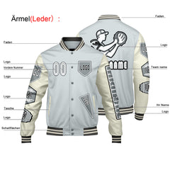 Maßgeschneiderte Grau Weiß Letterman Varsity Jacket Individuelle Stickerei  Druck nach Ihrem Wunsch
