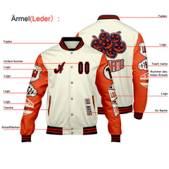 Maßgeschneiderte Weiß Orange Letterman Varsity Jacket Individuelle Stickerei Druck nach Ihrem Wunsch