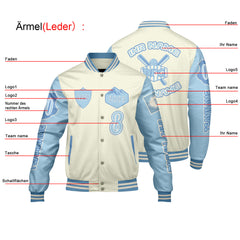 Maßgeschneiderte Weiß Blau Letterman Varsity Jacket Individuelle Stickerei Druck nach Ihrem Wunsch