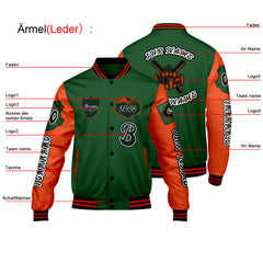 Maßgeschneiderte Grün Orange Letterman Varsity Jacket Individuelle Stickerei Druck nach Ihrem Wunsch