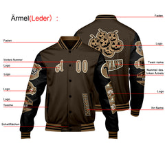 Maßgeschneiderte Braun Schwarz Letterman Varsity Jacket Individuelle Stickerei Druck nach Ihrem Wunsch
