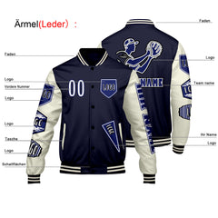 Maßgeschneiderte Marine Weiß Letterman Varsity Jacket Individuelle Stickerei Druck nach Ihrem Wunsch