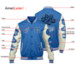Maßgeschneiderte Blau Weiß Letterman Varsity Jacket Individuelle Stickerei Druck nach Ihrem Wunsch