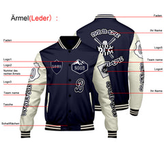 Maßgeschneiderte Marine Weiß Letterman Varsity Jacket Individuelle Stickerei Druck nach Ihrem Wunsch