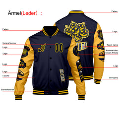Maßgeschneiderte Marine Gelb Letterman Varsity Jacket Individuelle Stickerei Druck nach Ihrem Wunsch