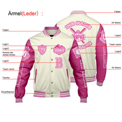 Maßgeschneiderte Weiß Rosa Letterman Varsity Jacket Individuelle Stickerei Druck nach Ihrem Wunsch