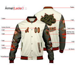 Maßgeschneiderte Weiß Militärgrün Letterman Varsity Jacket Individuelle Stickerei Druck nach Ihrem Wunsch