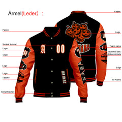 Maßgeschneiderte Schwarz Hellorange Letterman Varsity Jacket Individuelle Stickerei Druck nach Ihrem Wunsch