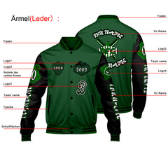 Maßgeschneiderte Grün Schwarz Letterman Varsity Jacket Individuelle Stickerei Druck nach Ihrem Wunsch