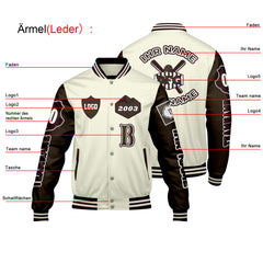 Maßgeschneiderte Weiß Braun Letterman Varsity Jacket Individuelle Stickerei Druck nach Ihrem Wunsch