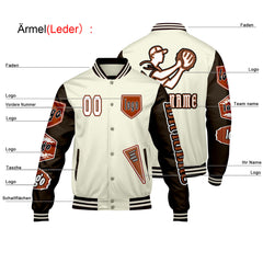 Maßgeschneiderte Weiß Braun Letterman Varsity Jacket Individuelle Stickerei Druck nach Ihrem Wunsch