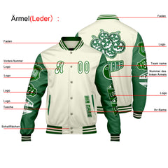 Maßgeschneiderte Weiß Gras Grün Letterman Varsity Jacket Individuelle Stickerei Druck nach Ihrem Wunsch