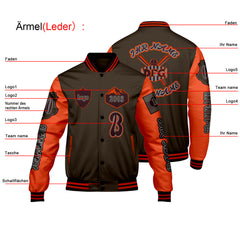 Maßgeschneiderte Braun Orange Letterman Varsity Jacket Individuelle Stickerei Druck nach Ihrem Wunsch