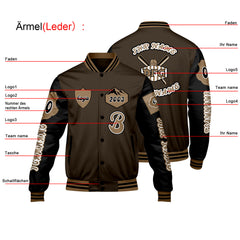Maßgeschneiderte Braun Schwarz Letterman Varsity Jacket Individuelle Stickerei Druck nach Ihrem Wunsch