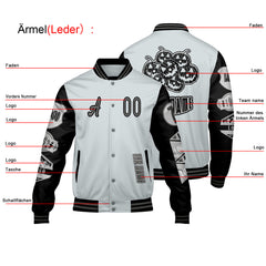 Maßgeschneiderte Grau Schwarz Letterman Varsity Jacket Individuelle Stickerei Druck nach Ihrem Wunsch