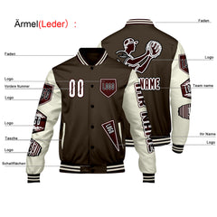 Maßgeschneiderte Braun Weiß Letterman Varsity Jacket Individuelle Stickerei  Druck nach Ihrem Wunsch