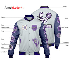 Maßgeschneiderte Grau Lila Letterman Varsity Jacket Individuelle Stickerei  Druck nach Ihrem Wunsch