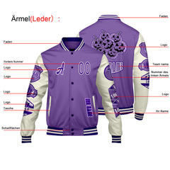 Maßgeschneiderte Lila Weiß Letterman Varsity Jacket Individuelle Stickerei Druck nach Ihrem Wunsch