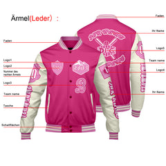 Maßgeschneiderte Rosa Weiß Letterman Varsity Jacket Individuelle Stickerei Druck nach Ihrem Wunsch