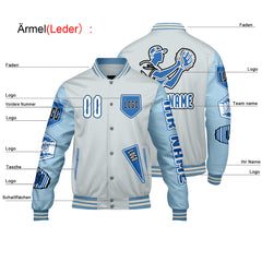 Maßgeschneiderte Grau Löwenblau Letterman Varsity Jacket Individuelle Stickerei  Druck nach Ihrem Wunsch