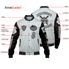 Maßgeschneiderte Grau Schwarz Letterman Varsity Jacket Individuelle Stickerei Druck nach Ihrem Wunsch