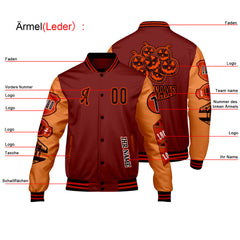 Maßgeschneiderte Burgund Dunkelorange Letterman Varsity Jacket Individuelle Stickerei Druck nach Ihrem Wunsch