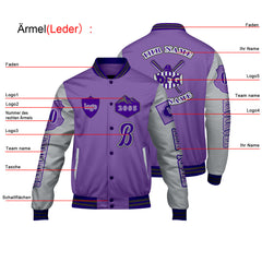 Maßgeschneiderte Lila Lichtgrau Letterman Varsity Jacket Individuelle Stickerei Druck nach Ihrem Wunsch