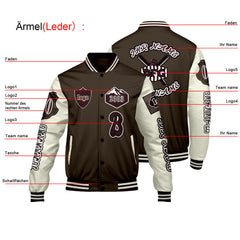Maßgeschneiderte Braun Weiß Letterman Varsity Jacket Individuelle Stickerei Druck nach Ihrem Wunsch