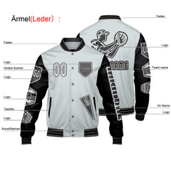 Maßgeschneiderte Grau Schwarz Letterman Varsity Jacket Individuelle Stickerei  Druck nach Ihrem Wunsch