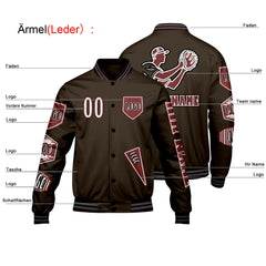 Maßgeschneiderte Braun Letterman Varsity Jacket Individuelle Stickerei  Druck nach Ihrem Wunsch