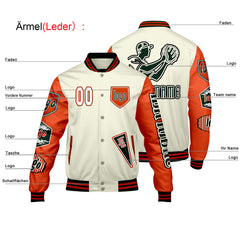 Maßgeschneiderte Weiß Orange Letterman Varsity Jacket Individuelle Stickerei Druck nach Ihrem Wunsch